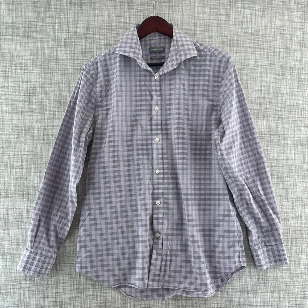Michael Kors Slim Stretch Purple Plaid Long Sleeve Dress Shirt Mens M